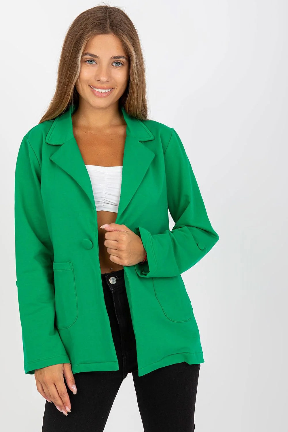 Veste blazer femme couleur verte veste survêtement manches longues fermeture boutons poches coulissantes coton élasthanne polyvalente moderne