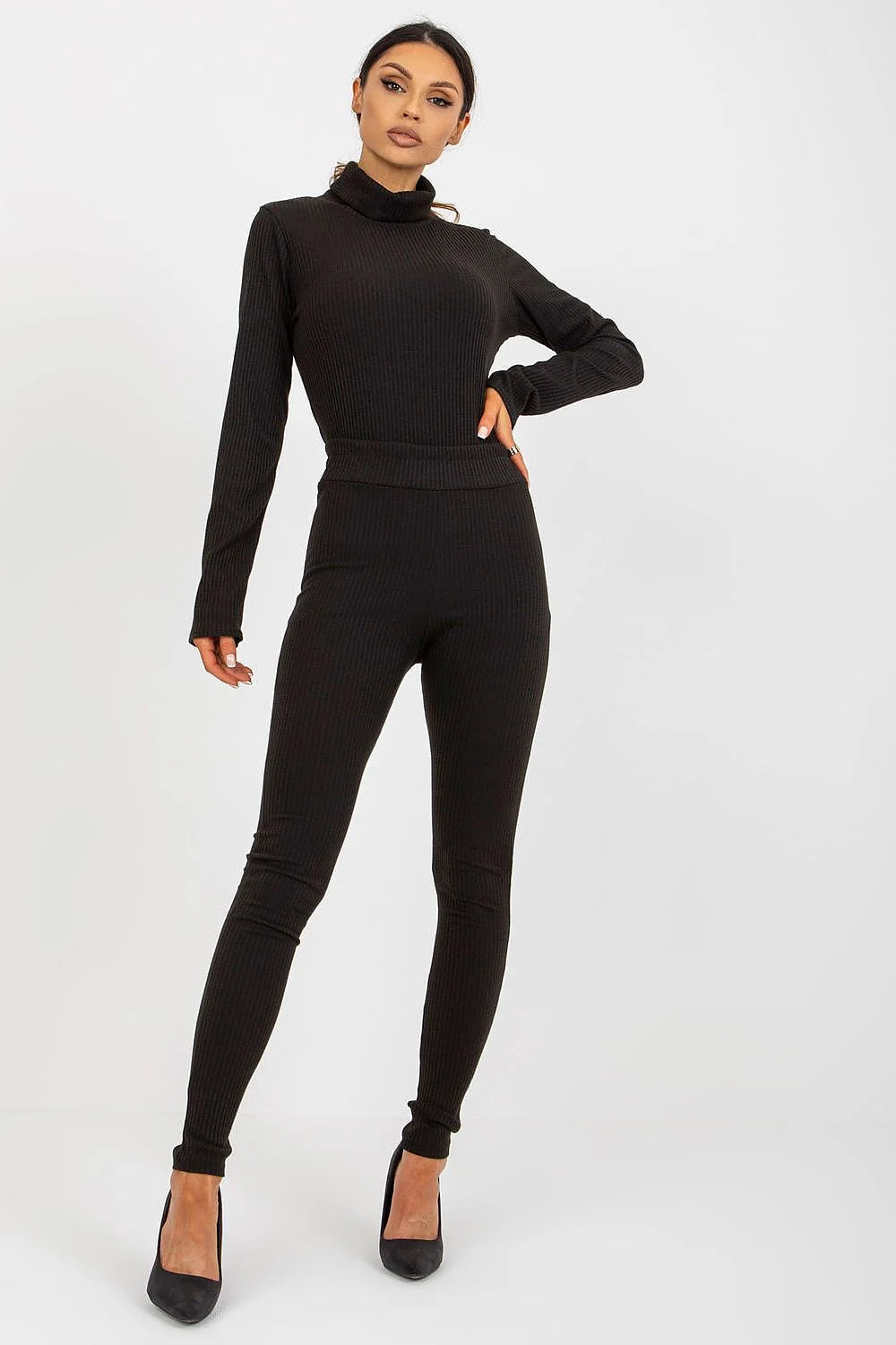 Leggings longues Lakerta en coton élasthanne maille côtelée noire coupe slim taille haute femme