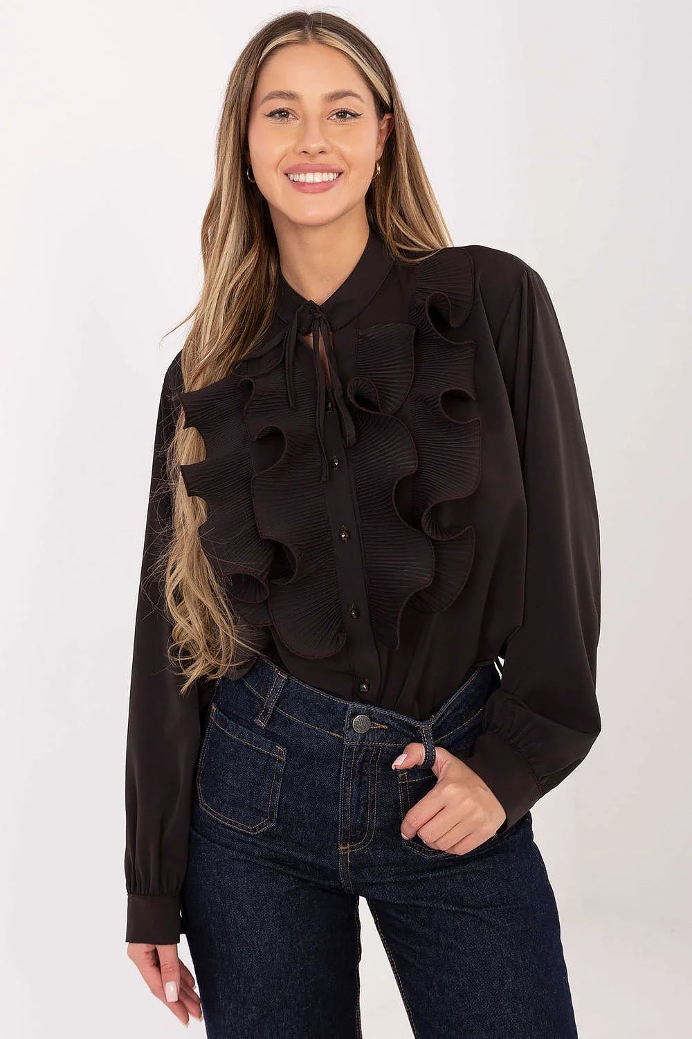 chemise femme noire manches longues bouffantes plastron plissé volants col noué pussybow polyester fluide coupe ample poignets boutonnés