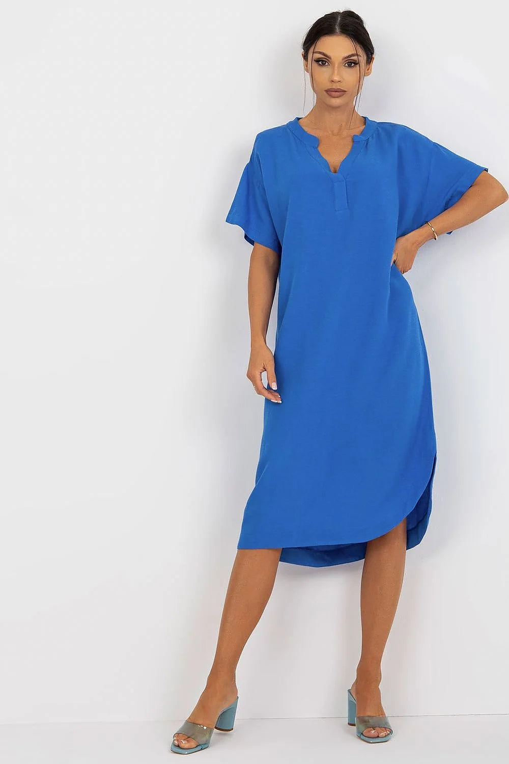 Robe de jour Och Bella midi chemise manches courtes en V fente latérale coton lin viscose taille ajustable femme mode style élégant polyvalente