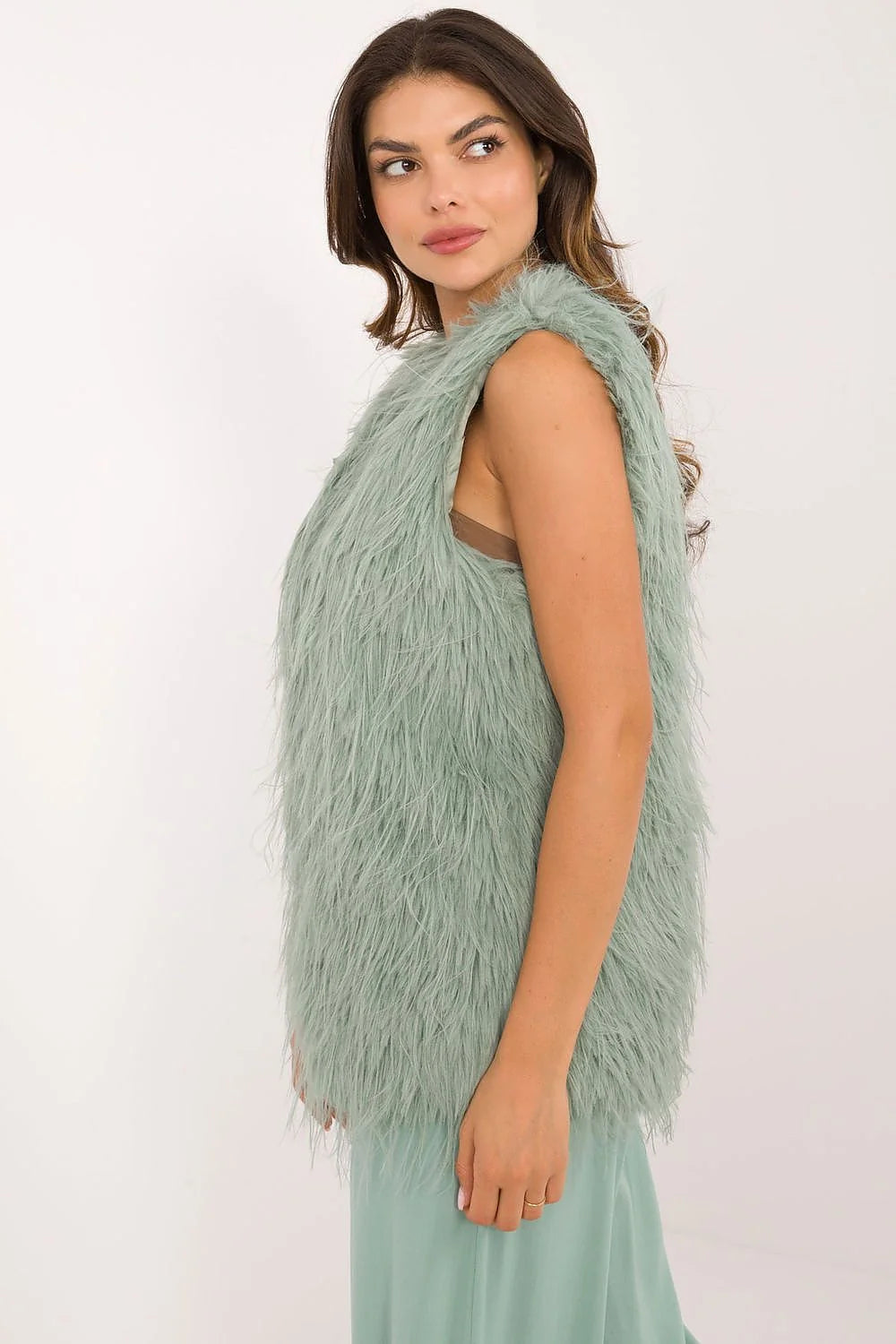 Gilet en fourrure synthétique sans manches vert pâle pour femme, style audacieux et décontracté