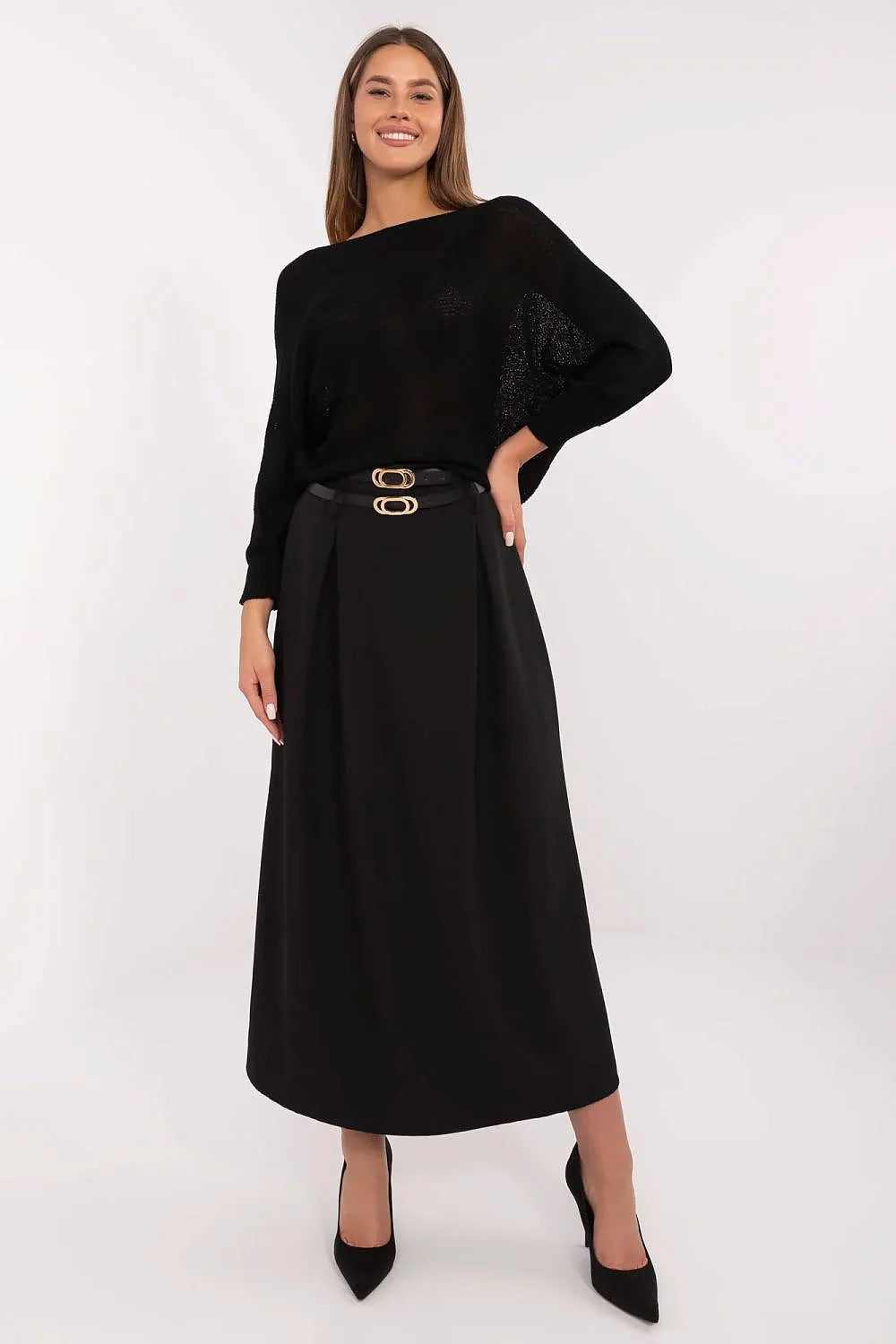 Ensemble élégant pour femme noir pull ample jupe longue évasée ceintures dorées occasion spéciale