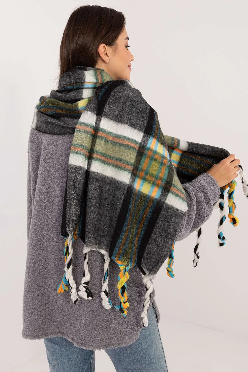 châle oversize carreaux multicolore tartan polyester doux moelleux franges tressées torsades 182cm longue grand hiver femme casual urbain stylé