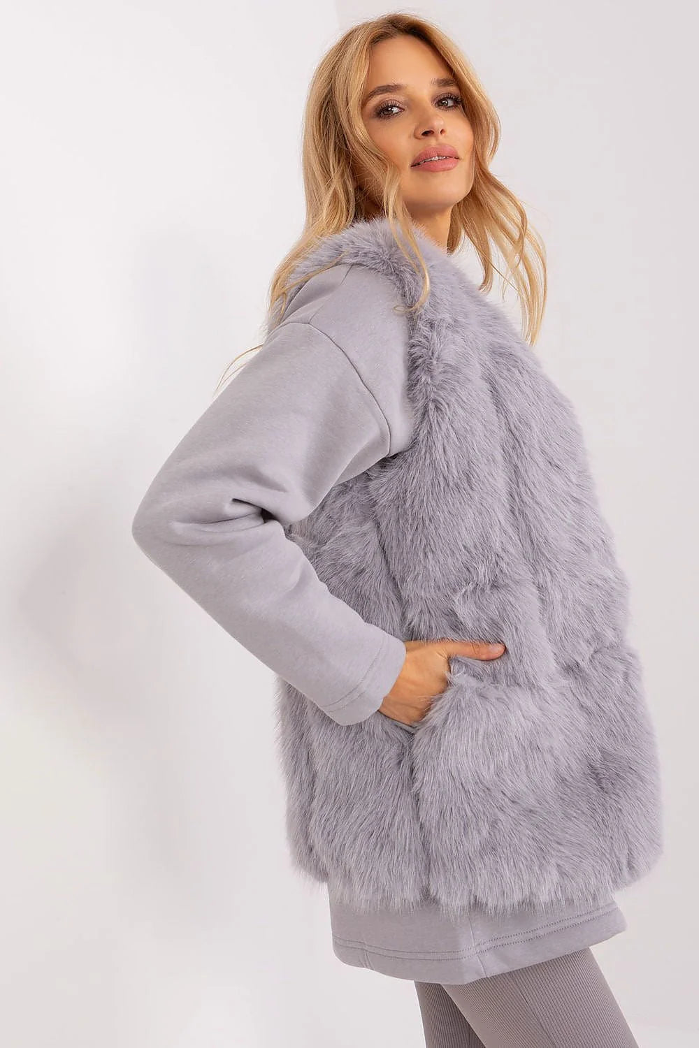 Ensemble mode femme sweat-shirt faux fourrure veste sans manches coupe droite style élégant occasion casuelle