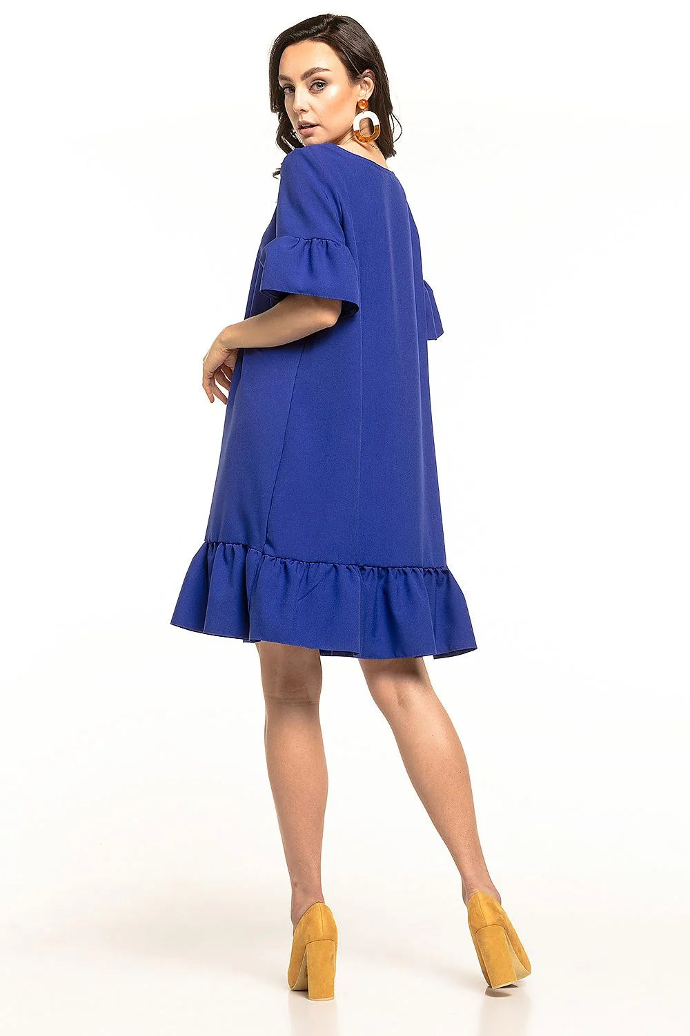 robe Tessita polyester élasthanne élégante bleu clair coupe trapèze courte col rond nœud manches volants ourlet froncé fluide confortable estivale