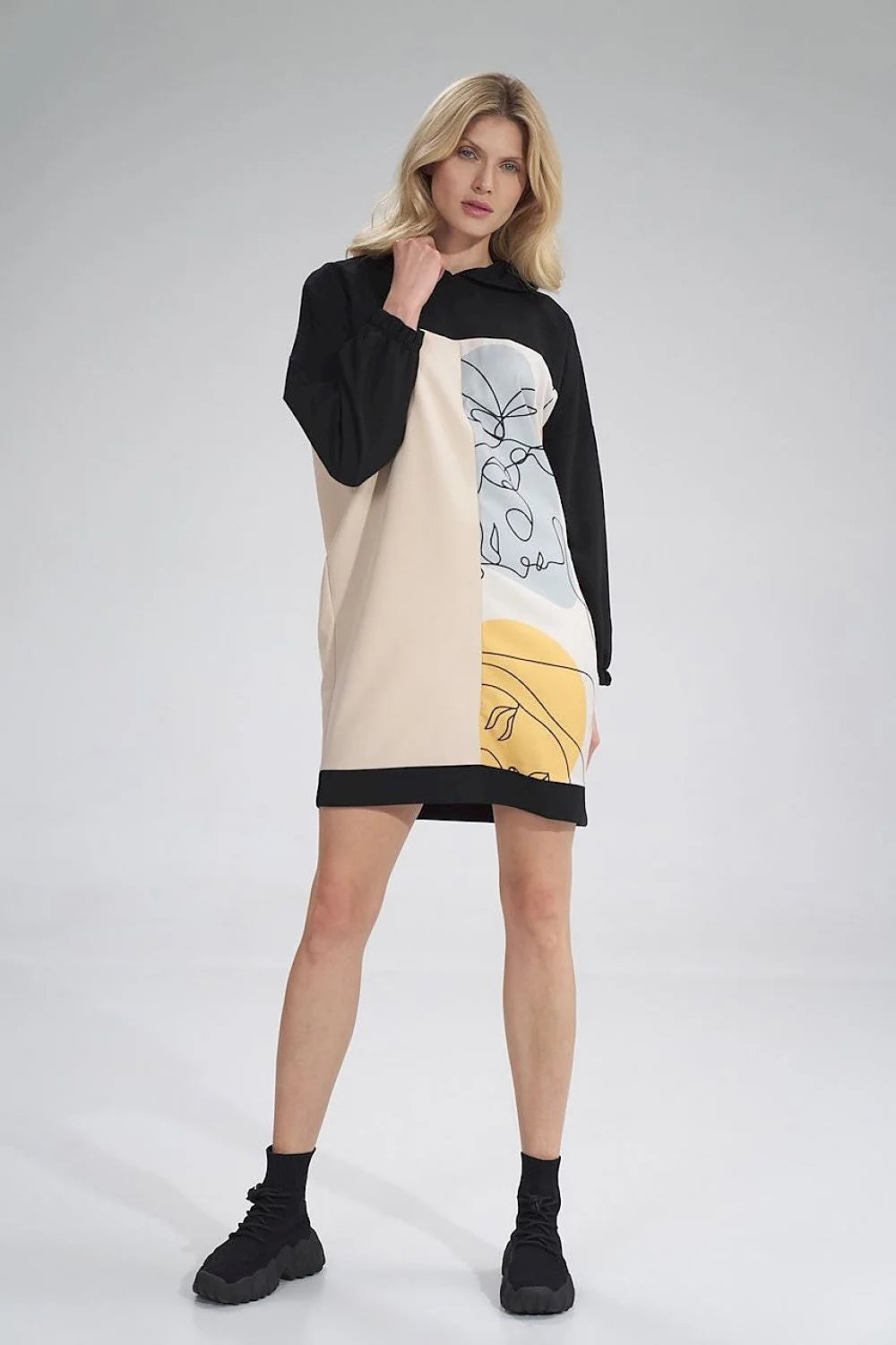 Robe moderne polyester coupe ample imprimé graphique artistique capuche manches longues couleurs multiples femme
