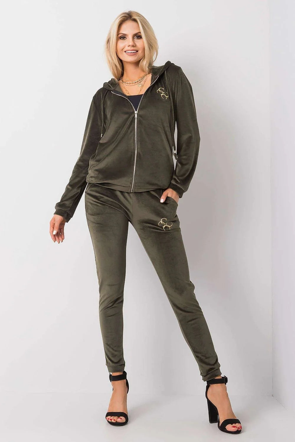 Ensemble Relevance pour femmes, sweat à capuche zippé, pantalon slim, velours vert olive, taille S/M, sport-chic