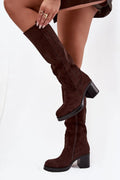 bottes femme mi mollet suède marron doublure chaude fermeture éclair talon bloc massif bout rond semelle plateforme légère confortable chic