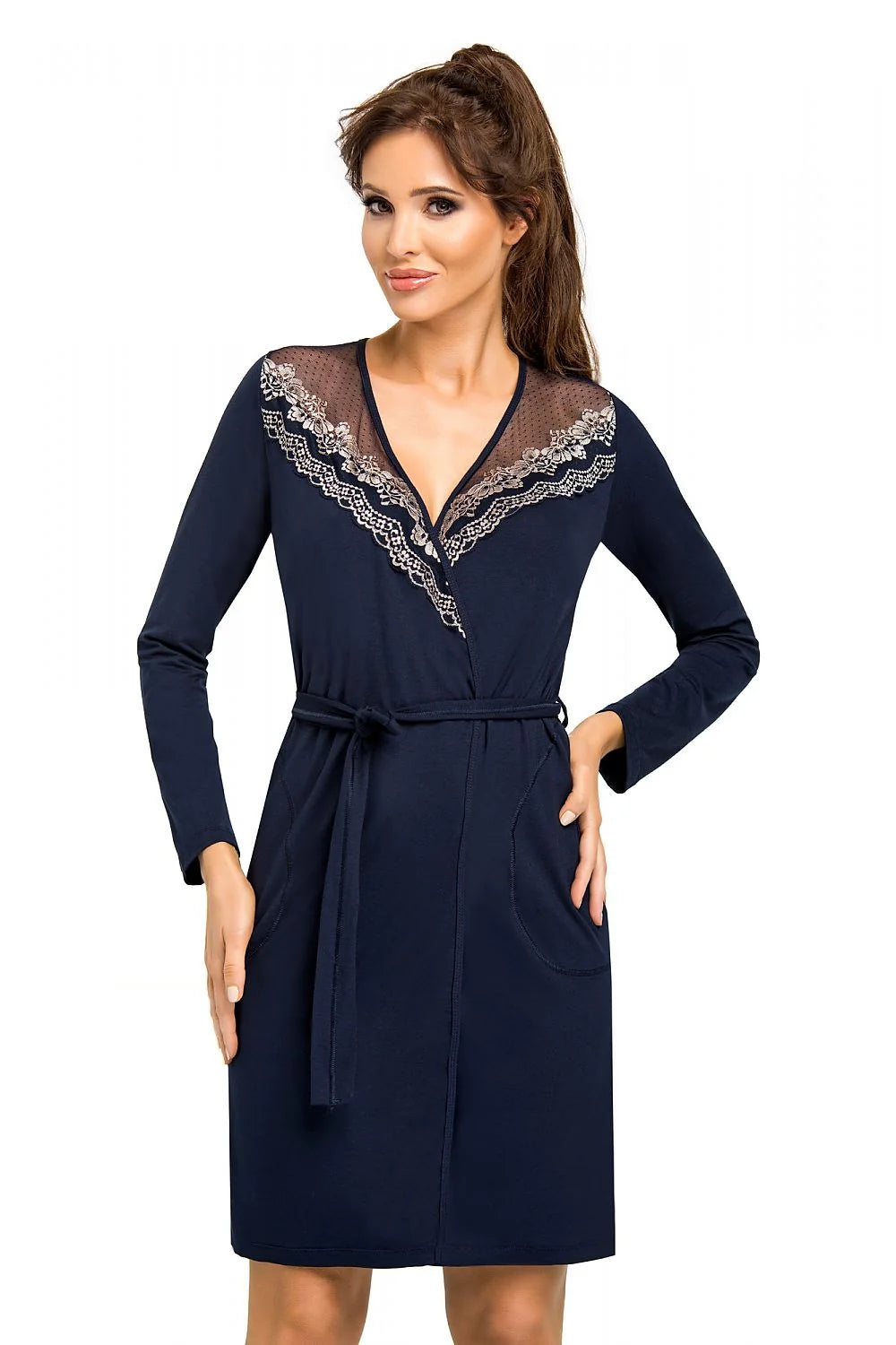 Robe de chambre longue dentelle élégante bleu marine sans manches pour femme sophistiquée et confortable