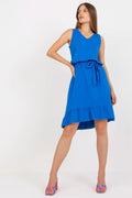 Robe d'été sans manches coupe évasée ourlet asymétrique volant col V ceinture coton élasthanne taille ajustable femme