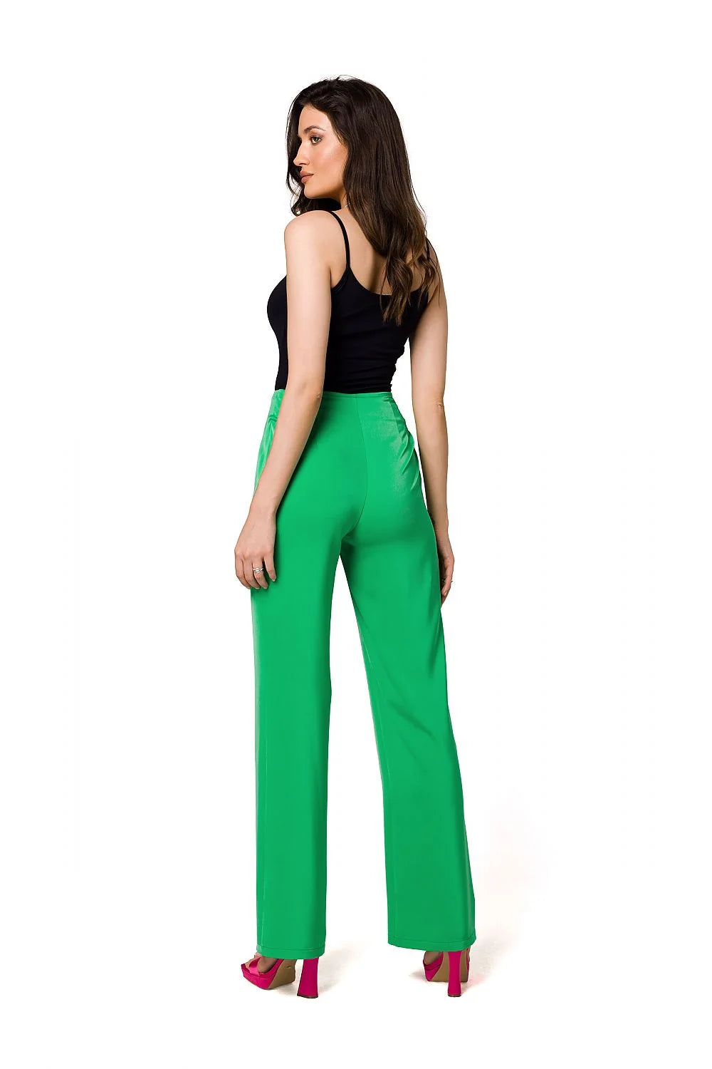 Pantalon femme Makover couleur vives vert vif coupe évasée taille haute matériau fluide polyester_look audacieux style moderne