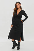 Robe élégante pour femme en jersey noir, manches longues, col en V, taille ajustable, robe midi évasée, occasionnels polyvalents