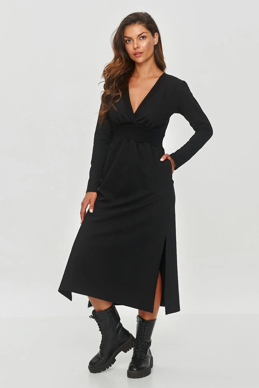 Robe élégante pour femme en jersey noir, manches longues, col en V, taille ajustable, robe midi évasée, occasionnels polyvalents