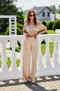 Tenue femme Roco Fashion ensemble crop top pantalon large style moderne élégant satin beige champagne occasion estivale