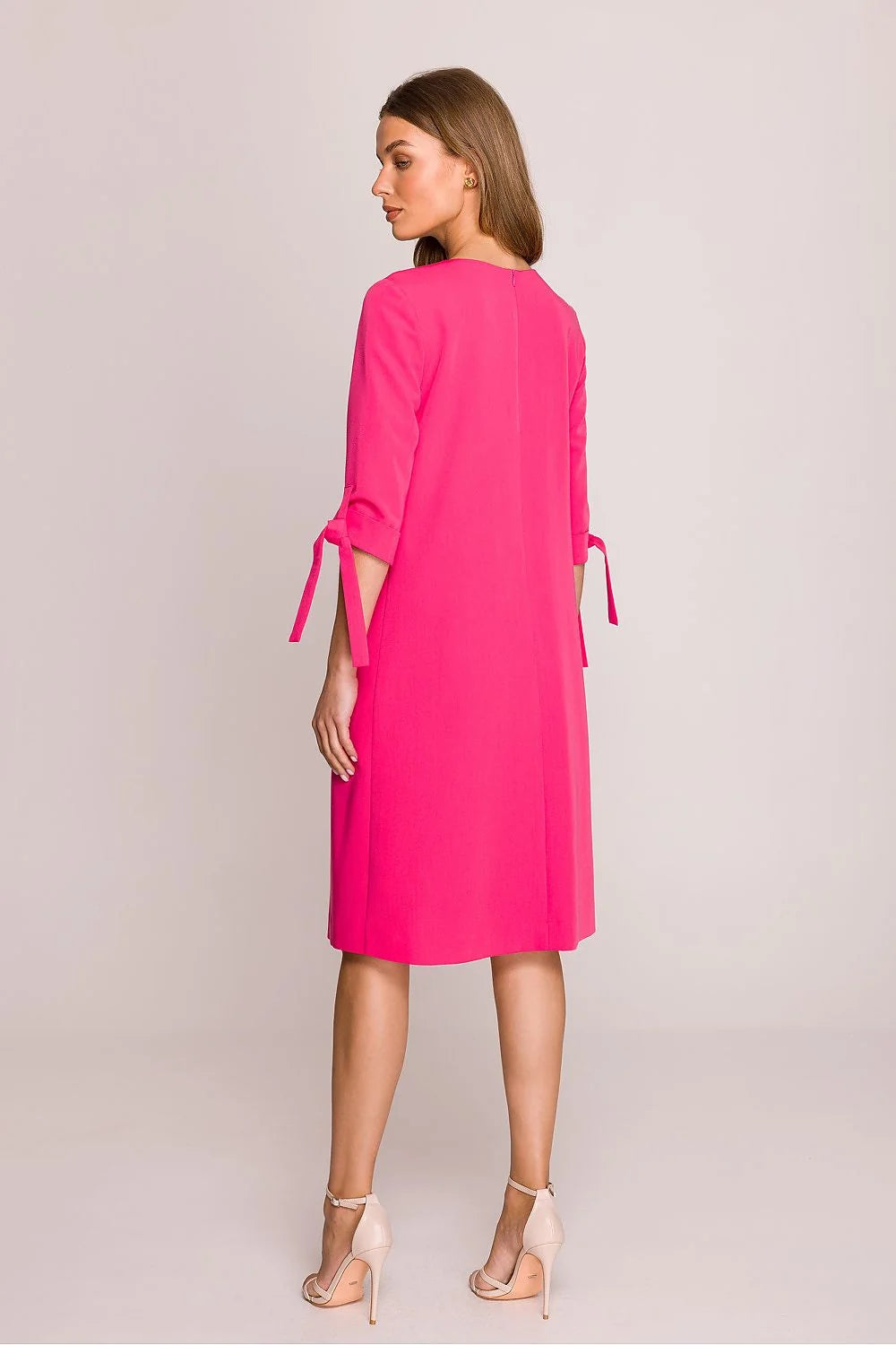 Robe de jour élégante rose vif manches 3/4 col rond coupe droite tissu confortable femmes