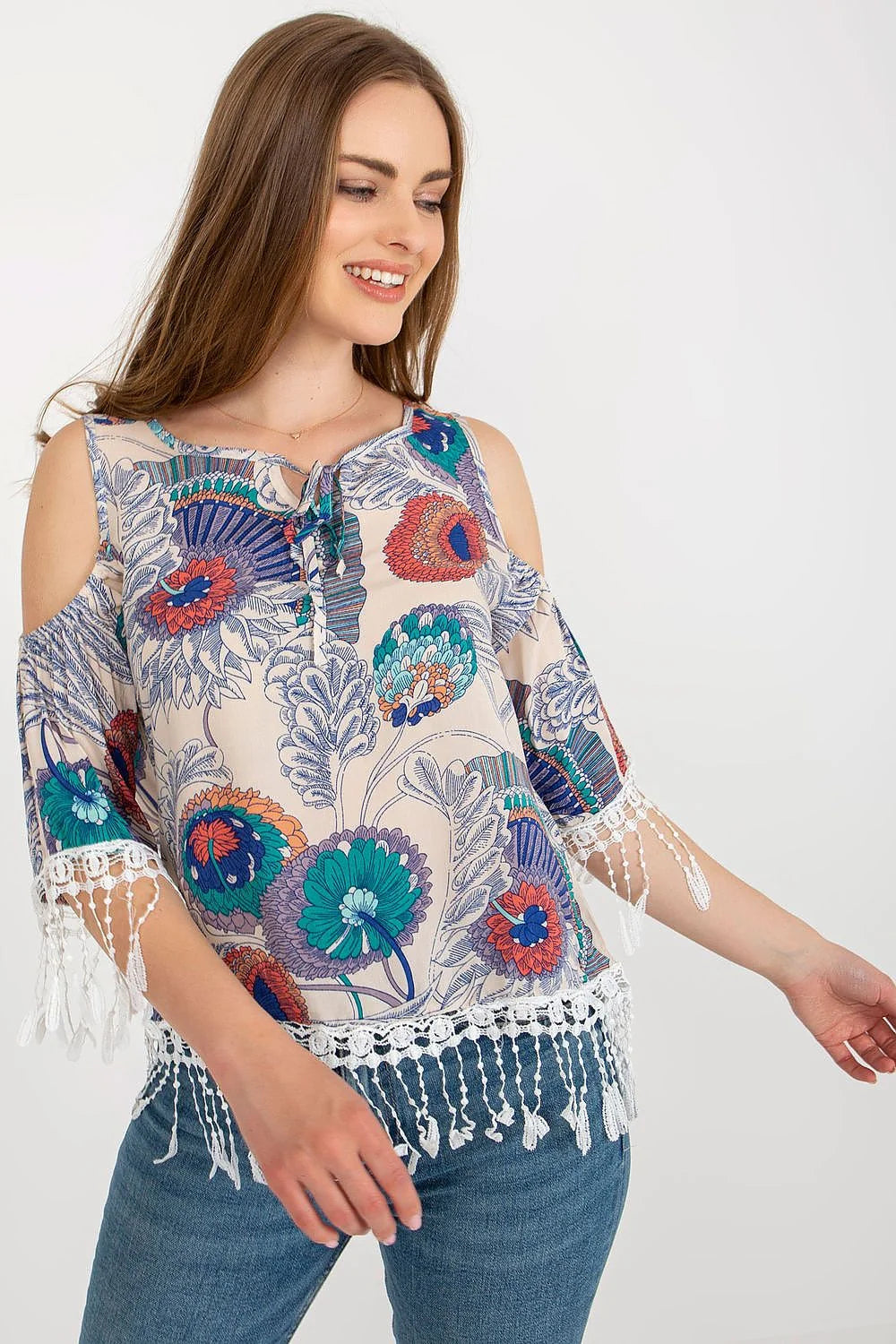 Chemisier audacieux pour femme été printemps tissu imprimé floral manches 3/4 dentelle blanche franges épaules nues