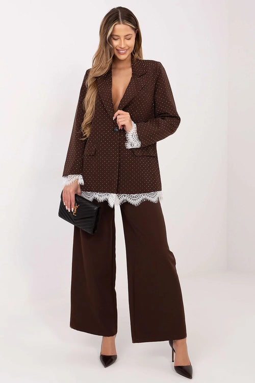 blazer femme marron micropois coupe longue col tailleur bouton poches rabat manches longues dentelle blanche strass doublée polyester