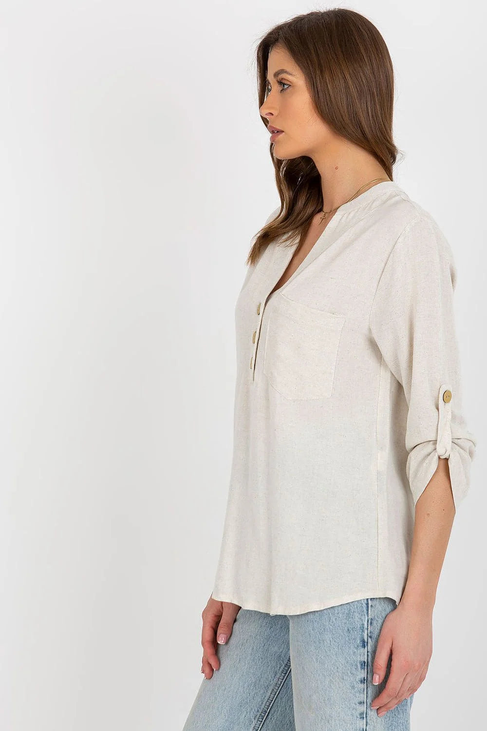 Chemisier Rue Paris design épuré beige clair col Mao manches longues boutons en bois poche plaquée femmes