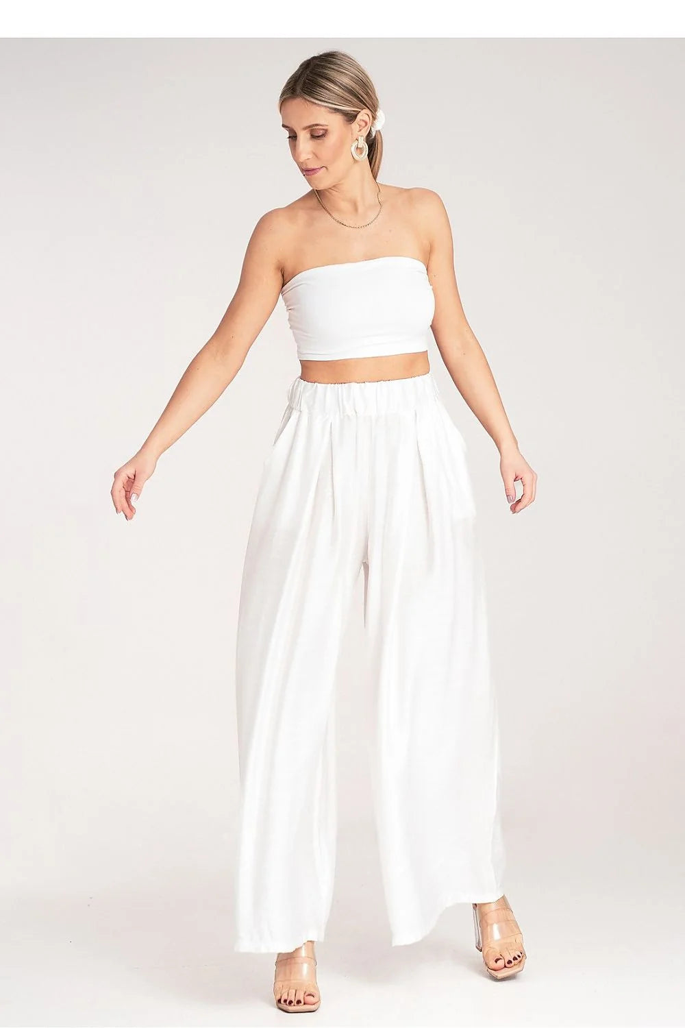 Ensemble deux pièces Femme Bustier sans bretelles Pantalon ample Taille haute Tissu léger Blanc pur Confort Élastique Épuré Mode Décontractée
