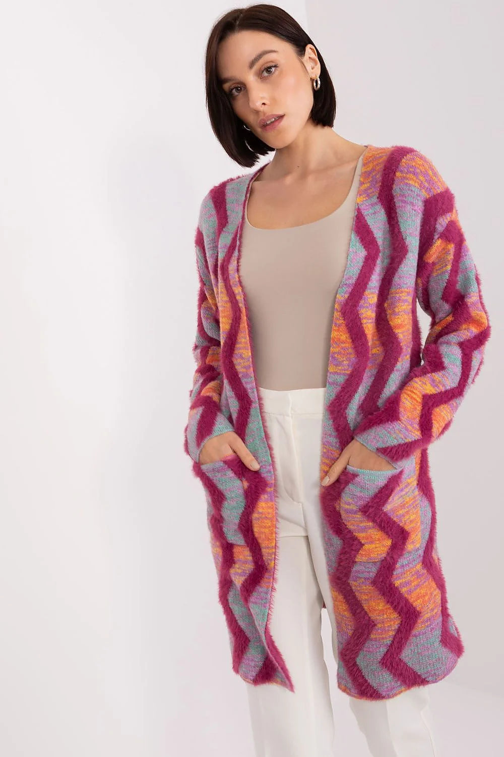 Cardigan audacieux pour femmes motifs zigzag coloré veste ouverte style décontracté longue manches longues col V