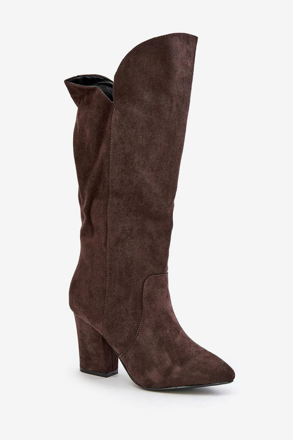 bottes femme ecoluxe suedine marronfonce taloncarre talon9cm tige32cm pointearrondie fermetureeclairlaterale couturessoignees doubluretissu semelleinterieure tissu rembourrageconfortable elegante moderne urbaine western