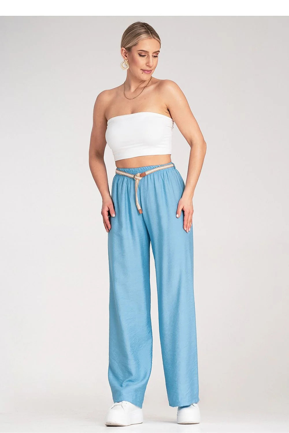 Pantalon femme Figl boho taille élastique ceinture tressée viscose 100% bleu clair style décontracté élégant été