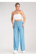 Pantalon femme Figl boho taille élastique ceinture tressée viscose 100% bleu clair style décontracté élégant été