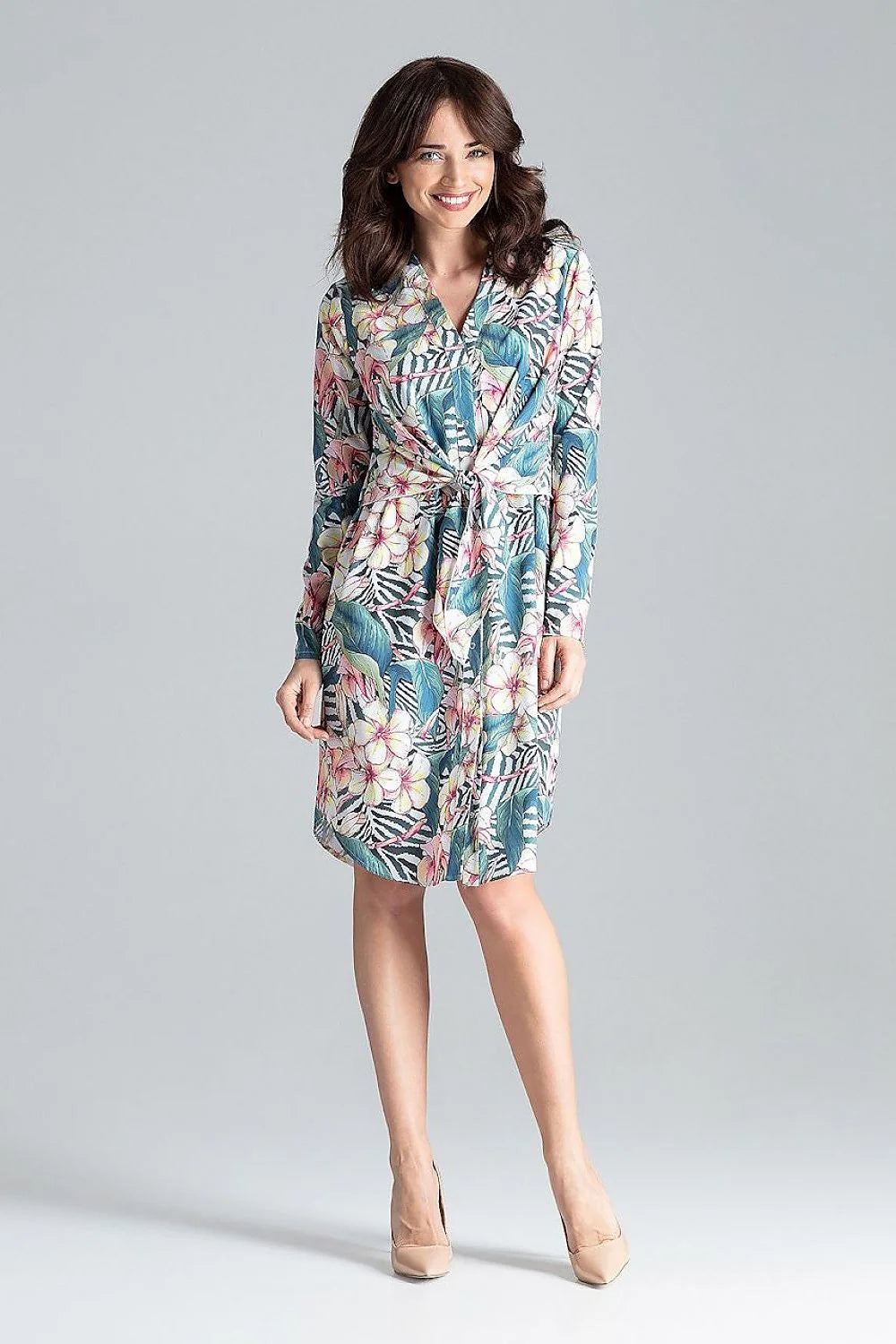 Robe chemisier femme élégante vert émeraude longues manches ceinture intégrée tissu fluide taille ajustable polyester elasthanne