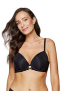 soutiengorge pushup noir microfibre bonnetmoulé sanscoutures armatures plongeant galbe rehaussé bretelles amovibles réglables croisables anneaux dorés baleines latérales maintien invisible