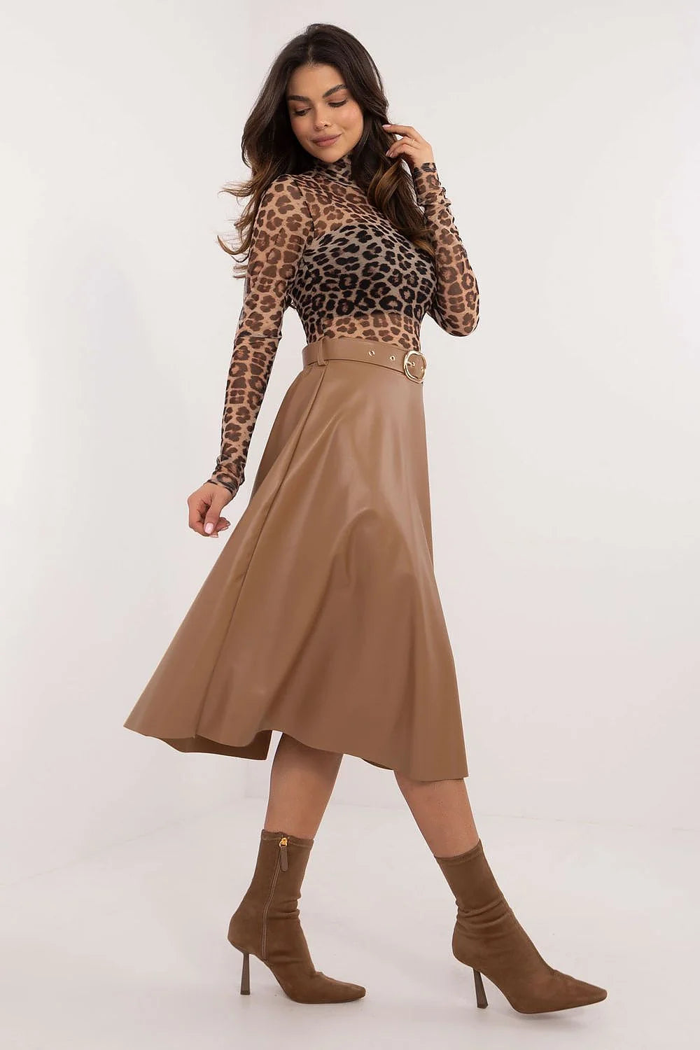 Robe de mode féminine imprimé léopard simili cuir camel taille haute ceinture dorée ajustable femmes occasion élégante