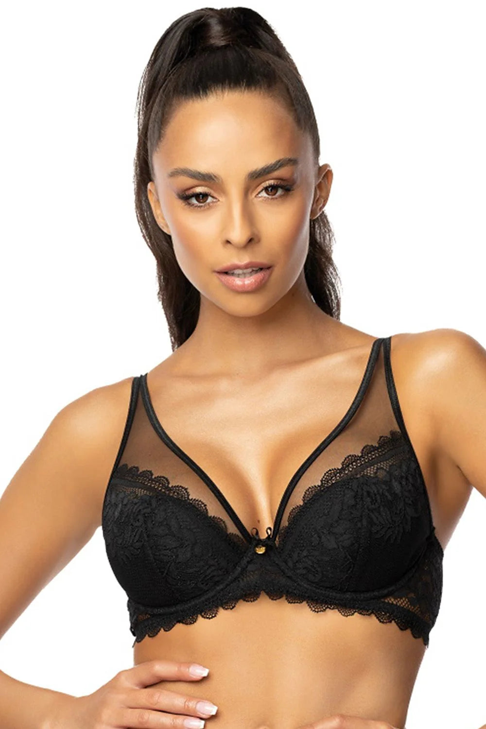 Soutien-gorge push-up dentelle noire motifs floraux inserts amovibles bretelles ajustables fermeture auto-agrippante coton 22% élasthanne 2% polyamide 42% polyuréthane 19% polyester 15%