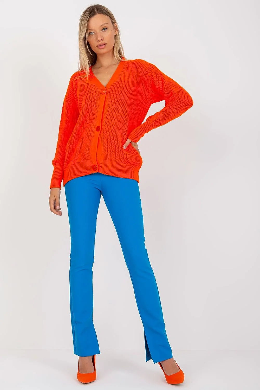cardigan RueParis oversize maille côtelée orange vif col V boutons assortis manches longues coupe ample tombante tricot épais chaud
