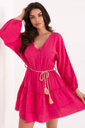 Robe d'été Italy Moda en mousseline mini style boho manches bouffantes cordelette pompons perles