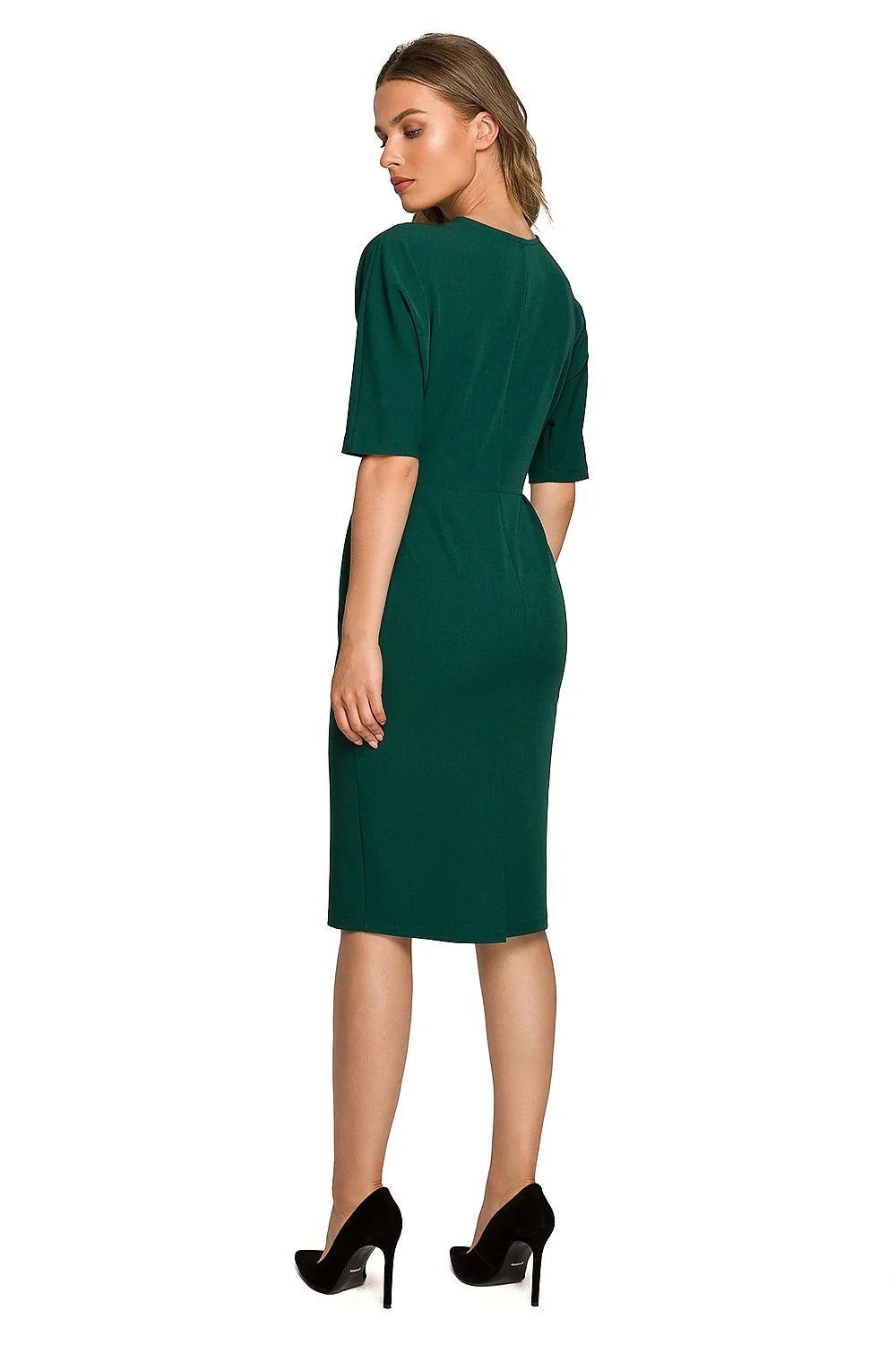 Robe de jour élégante ajustée manches chauve-souris longueur genoux vert émeraude polyester viscose elasthanne femme