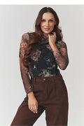 chemisier femme élégant léger translucide col montant manches longues coupe ajustée imprimé floral tons sobres tissu extensible