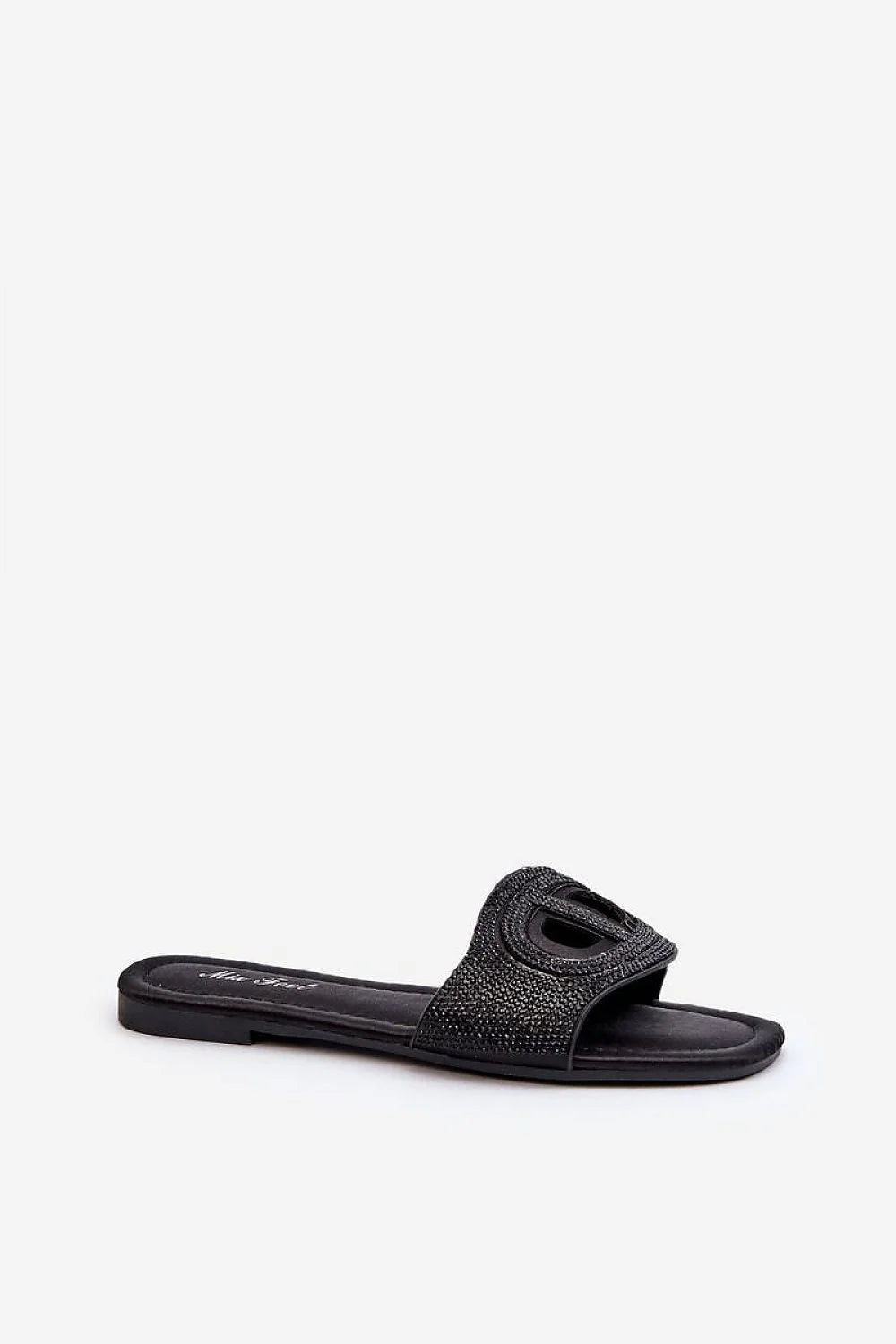sandales plates femme noir pailleté strass empeigne ajourée motifH boucle ovale cuir semellefine maintien confortable slipon chaine dorée perles
