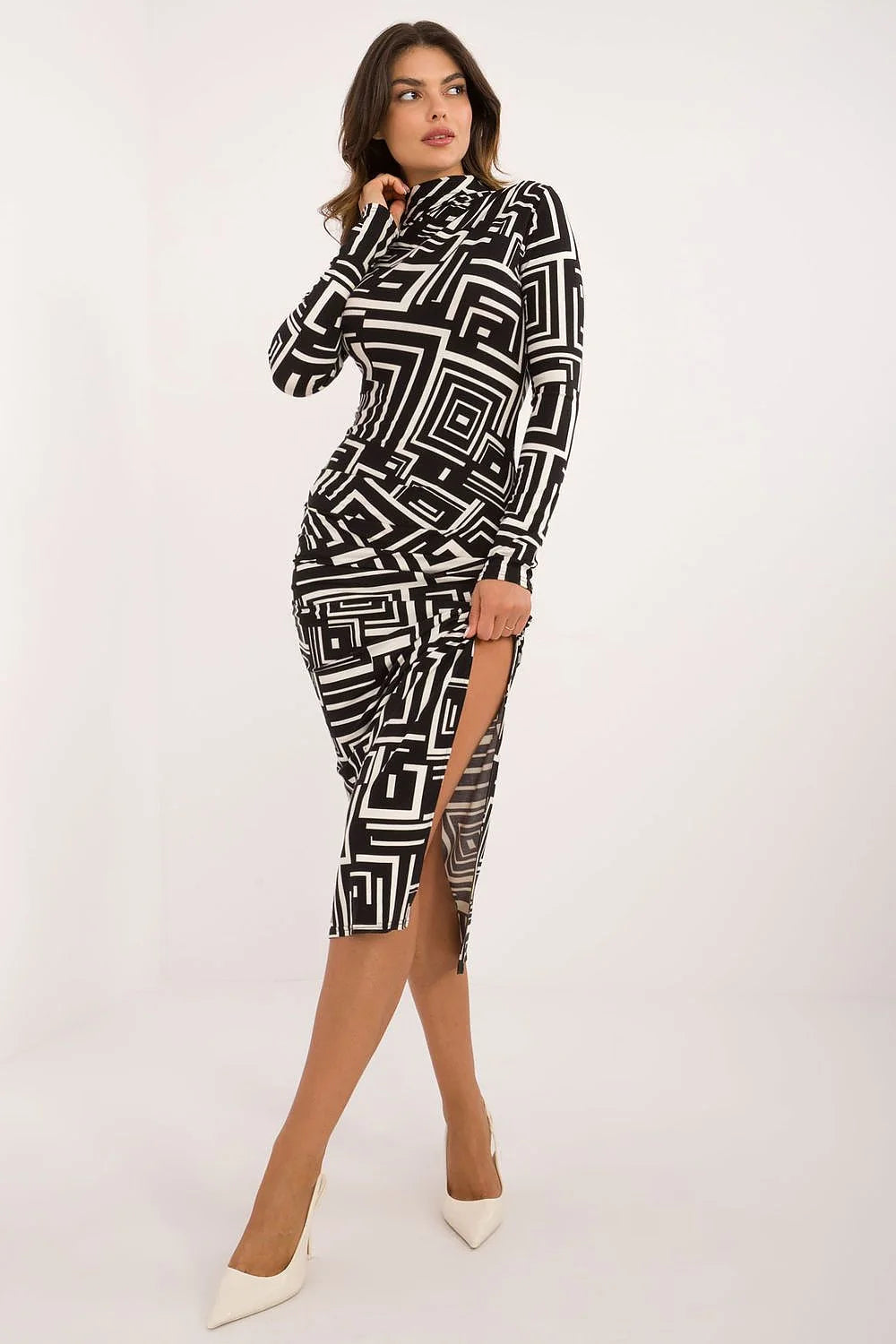 Robe moderne femme motif géométrique maille extensible coupe ajustée fente audacieuse soirée élégante Lakerta