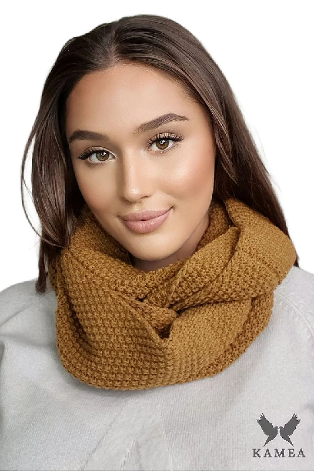 Ensemble Kamea pour femme bonnet écharpe camel tricot maille serrée automne hiver style décontracté finitions soignées