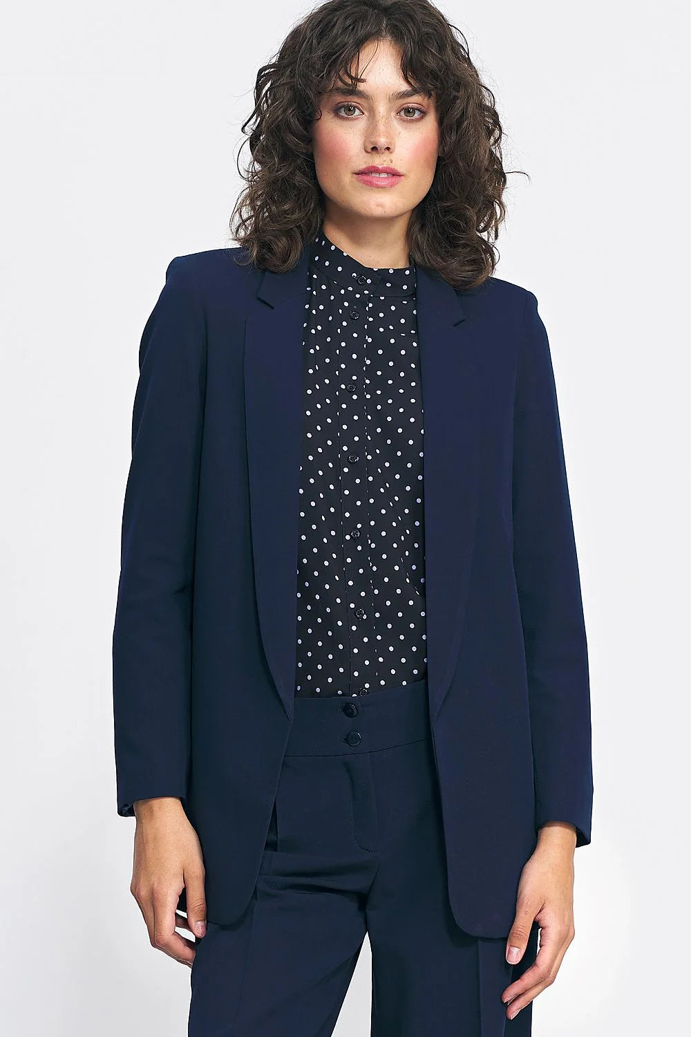 veste blazer long bleu marine col cranté coupe droite tissu structuré doublée élégante bureau professionnel viscose polyester élasthanne