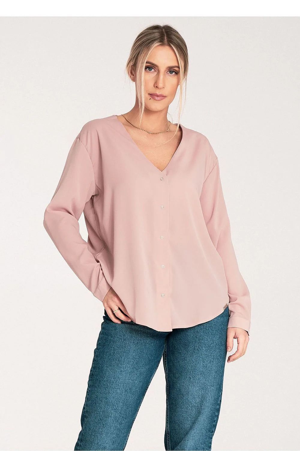 Blouse femme design épuré manches longues col V pastel rose polyester elasthanne fit ample silhouette élégante