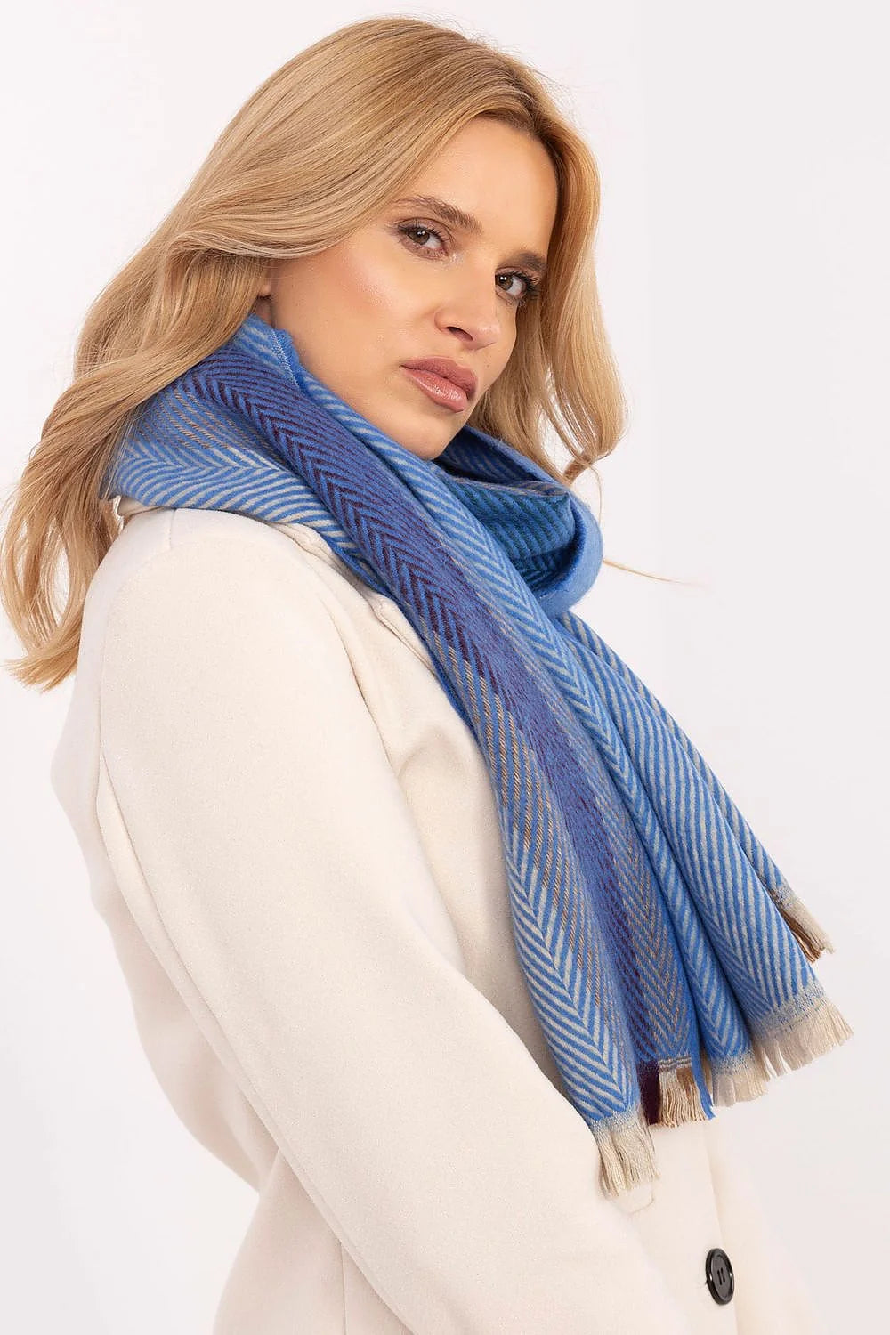 Écharpe d'hiver élégante pour femme, motif rayures bleu, longueur 194 cm, viscose luxueuse, idéale pour les froids