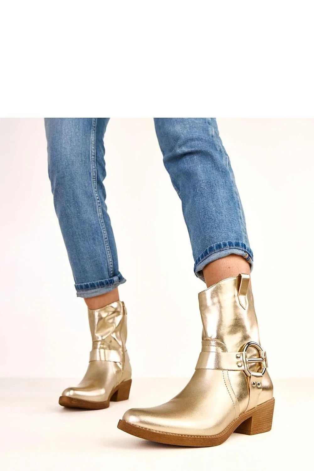 bottines femme cuir écologique doré métallisé bout pointu élancé talon bloc 5cm tige 16cm fermeture éclair boucle décorative western