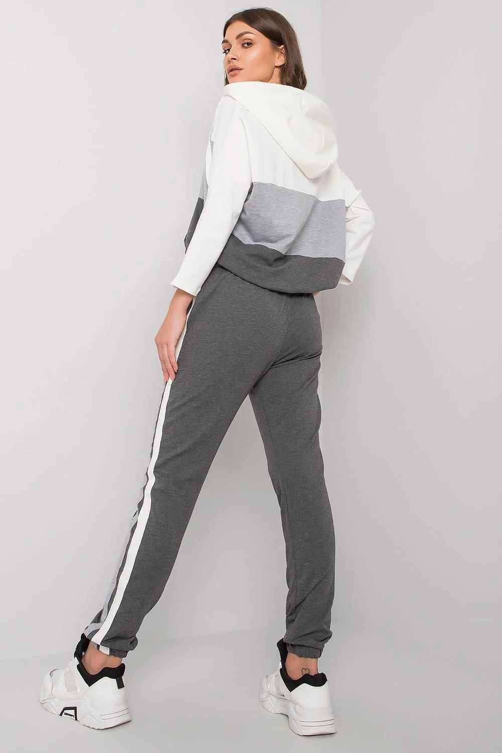 Ensemble survêtement coton élasthanne gris foncé blanc moderne décontracté sweat-shirt manches longues pantalon jogging zip col montant confortable