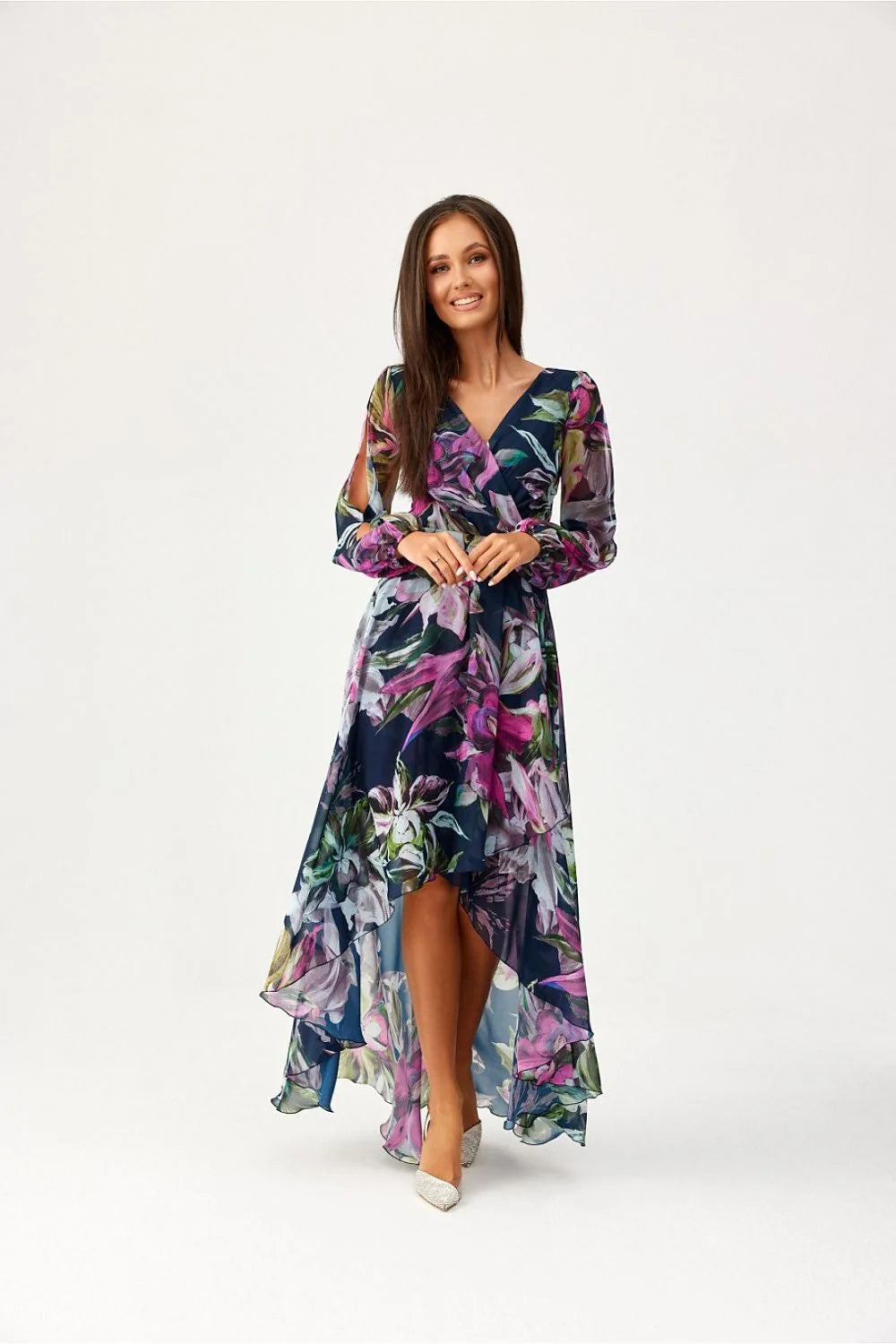 Robe de jour Roco Fashion asymétrique longueur maxi fleurs multicolores manches longues élastiques ceinture taille ajustable soirée été femme