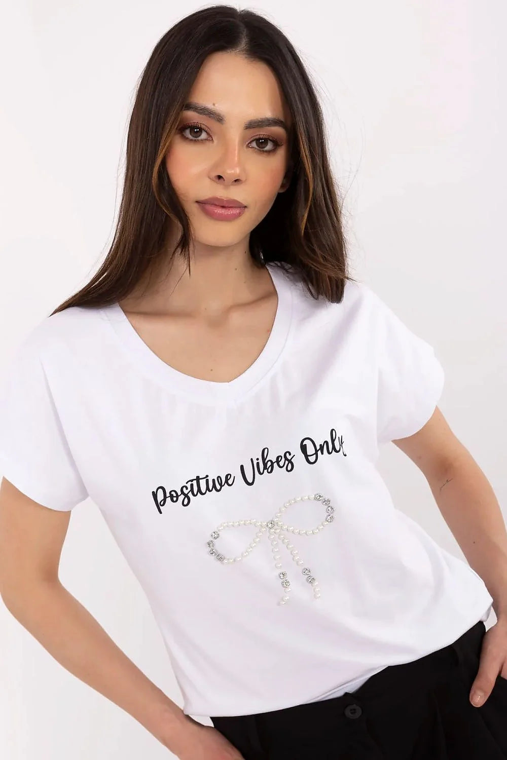 T-shirt femme décontracté moderne couleur blanche col V imprimé Positive Vibes Onlyperlé strass nœud