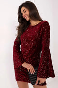 robe courte cocktail crayon bordeaux velours paillettes scintillante ajustée mini manches cloche évasées encolure ronde doublure confortable extensible