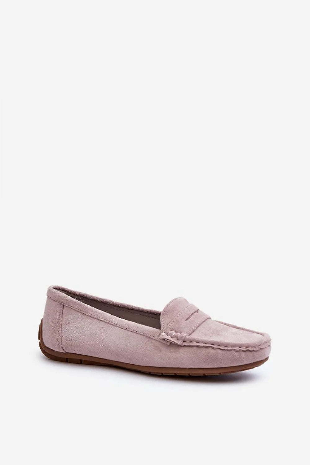 mocassins femmes suède rose poudré basse bout arrondi surpiqûres semelle gomme antidérapante talon plat doublure perforée respirante confortable élégant intemporel