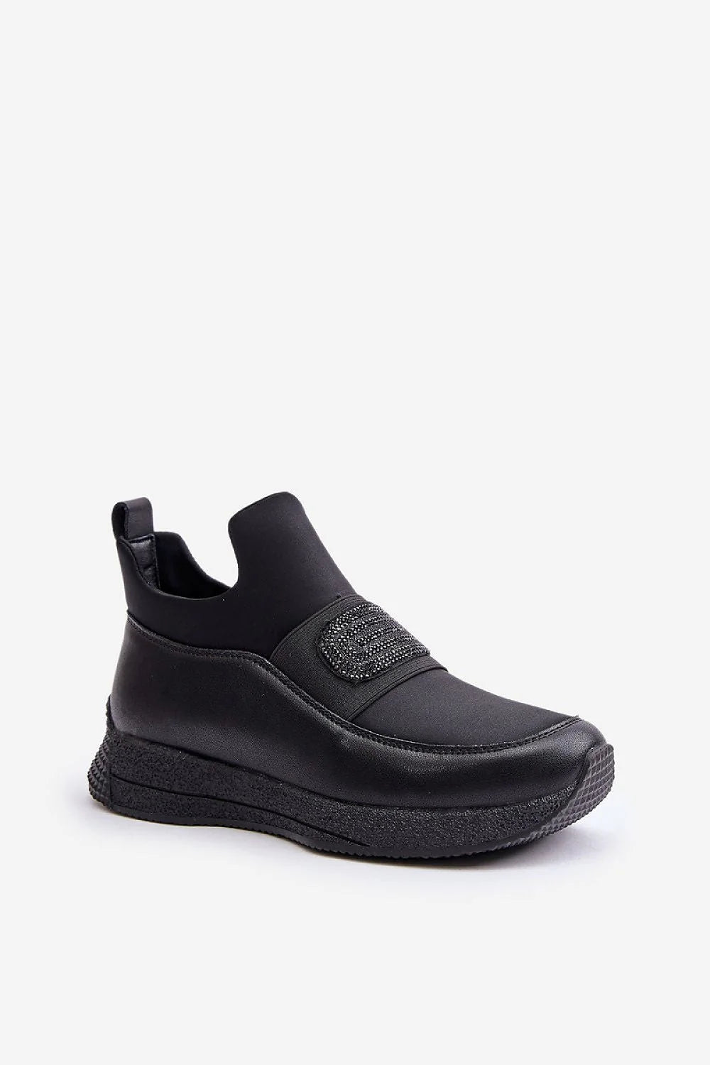 Chaussures de sport modernes pour femmes en cuir naturel et tissu, plateforme 2.5 cm, style épuré, élastique avec paillettes noires