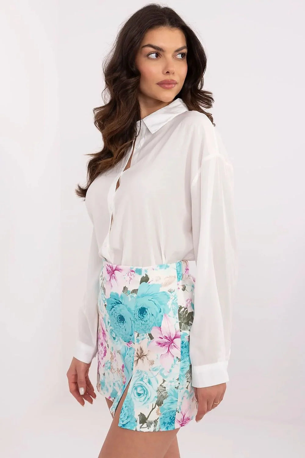 jupe short Italy Moda taille haute ceinture elastique dos ajustable tissu leger fluide imprimé floral turquoise rose beige satinée fente