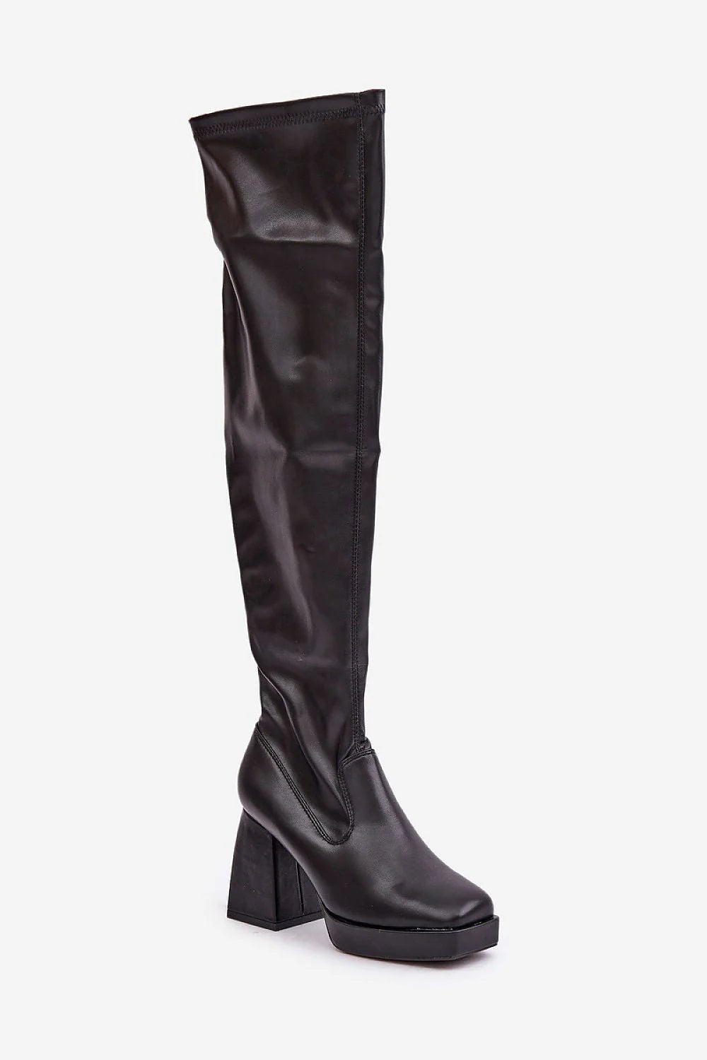 Bottes cuissardes simili cuir noir modernes élégantes talon carré confort pour femmes mode tendance